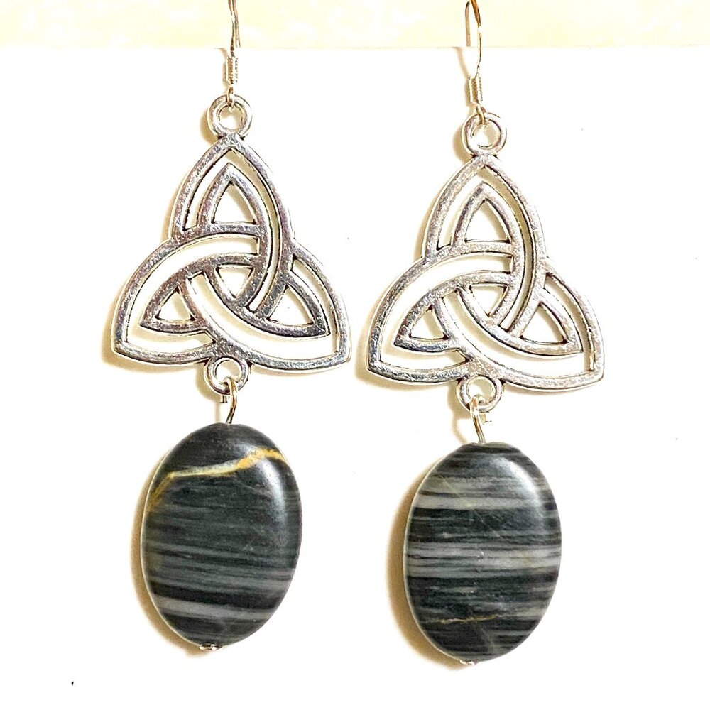 2/$20, Genuine Black Banded Agate Triqueta Sterling Silver Dangle Earrings